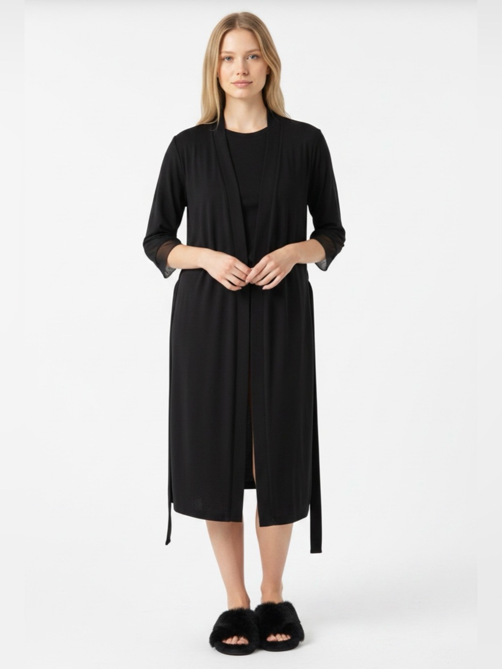 Long Black Tie-Waist Robe - Women's Intimates • Size Large/X Large